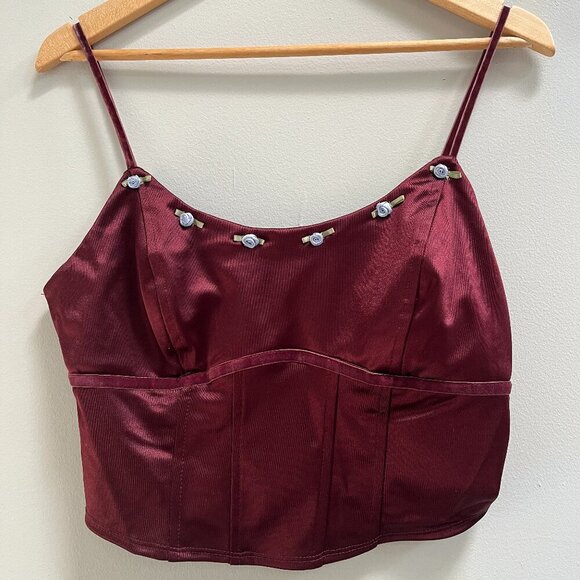 Wild Fable Satin Rosette Corset Top Velvet Burgundy Ruched Adjustable Large - Picture 2 of 7
